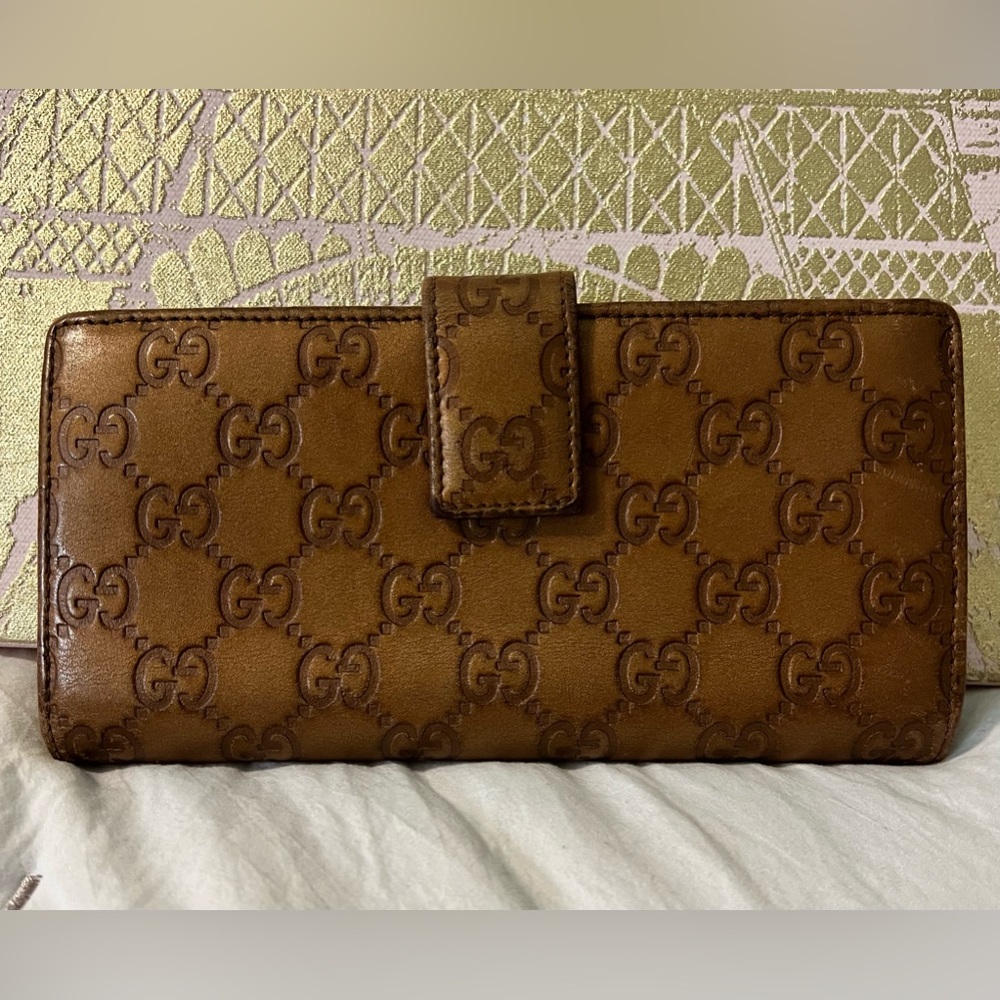 Gucci Long Wallet Brown Gold Bifold Checkbook Purse ID Cards Holders Womens Gift